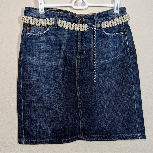 lei Dresses & Skirts - Denim Mini Skirt with Pearl Bead and Silver Belt